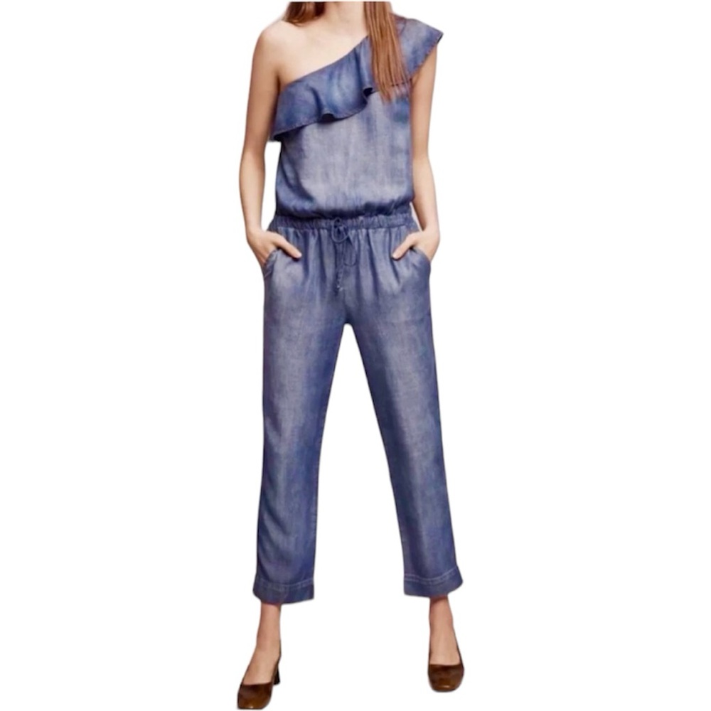 🧡💚💙💛 Anthro Cloth & Stone Chambray Blue One Shoulder Jumpsuit Size Small